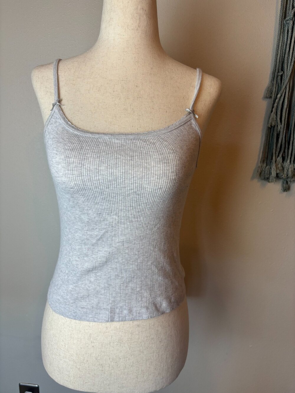 Brandy Melville Ribbed Knit Spaghetti Strap Camisole Top Light Gray Bow Detail